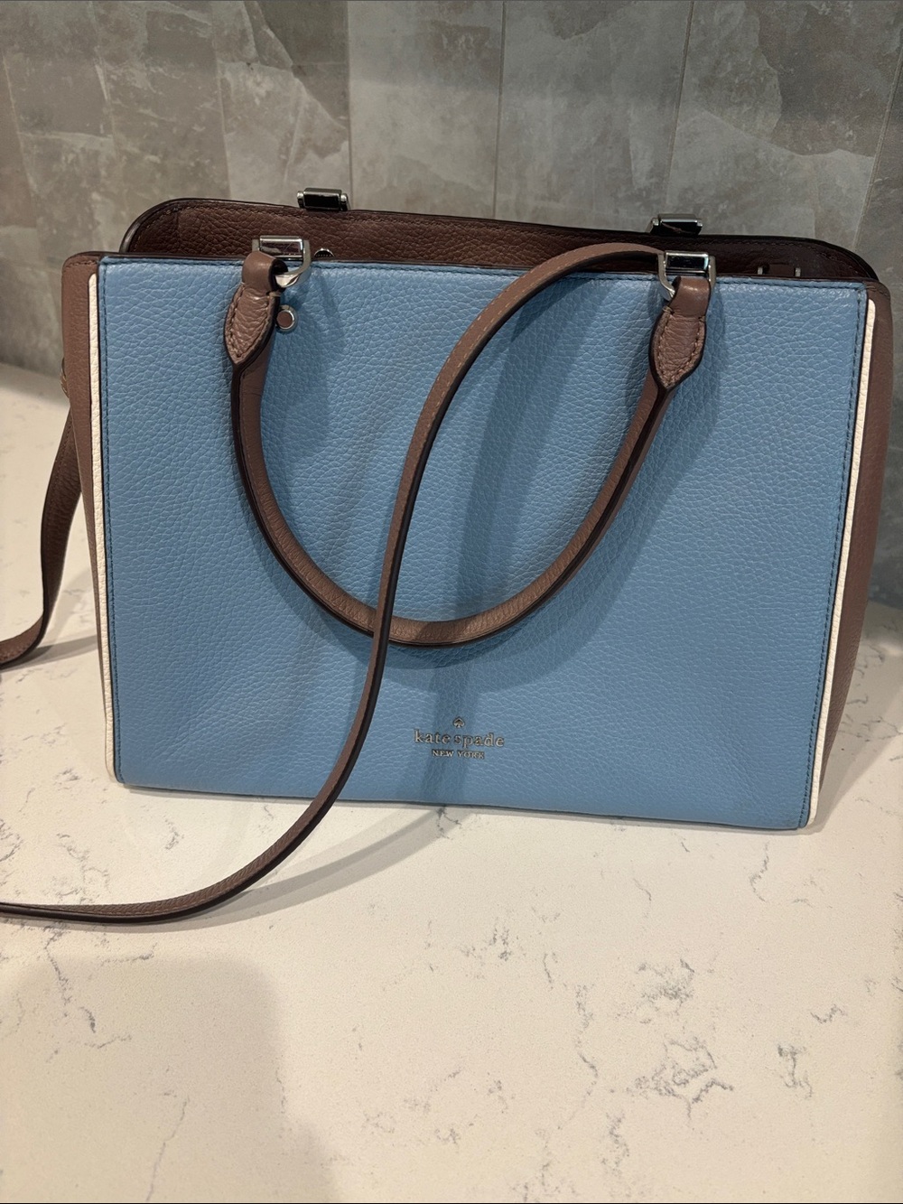 kate spade Light Blue and Brown Leather Satchel with Shoulder Strap